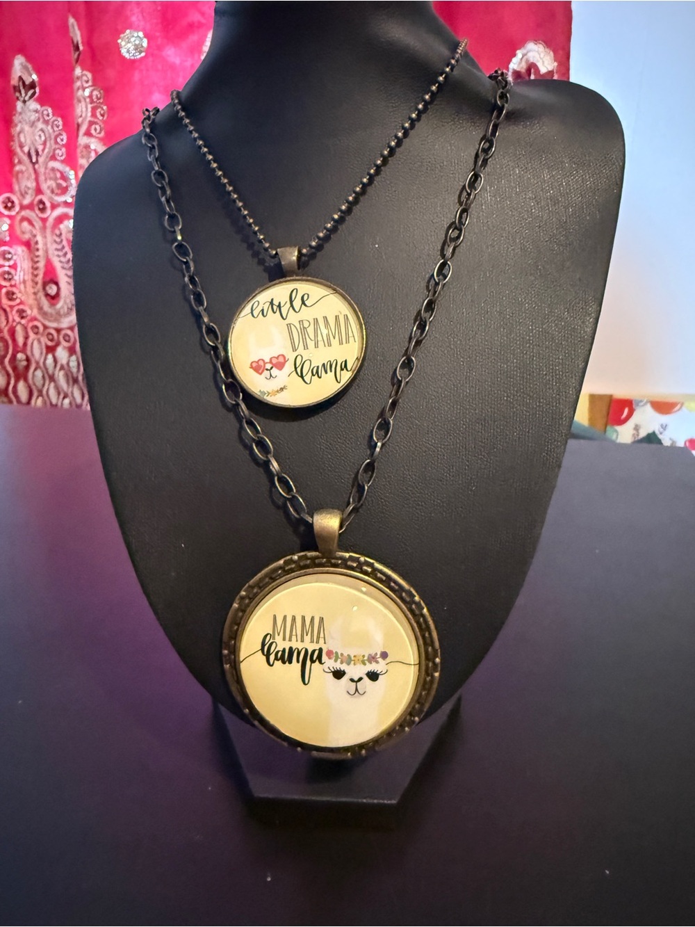 Plunder Brass-tone Mama Llama and Little Drama Llama Necklaces with Pink Accents